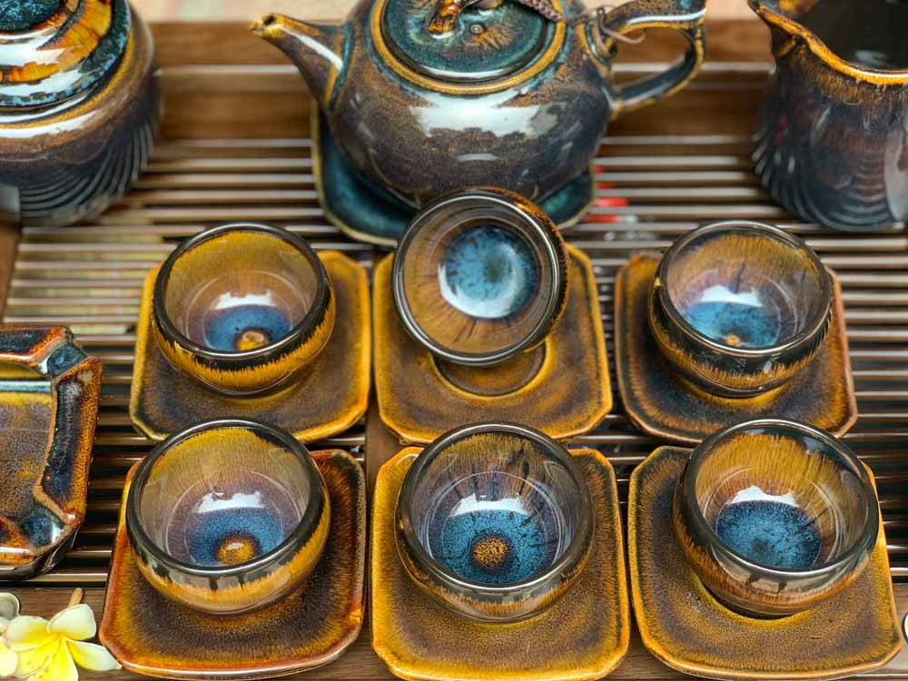 Ấm chén Bát Tràng men hỏa biến dáng chóp hổ phách đầy đủ phụ kiện 2